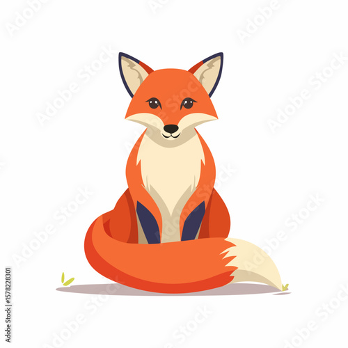 Cartoon Fox Sitting with a Curled Tail and Smiling Expression