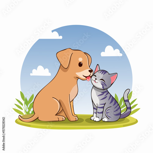 Affectionate Dog Licking a Smiling Cat on a Sunny Day