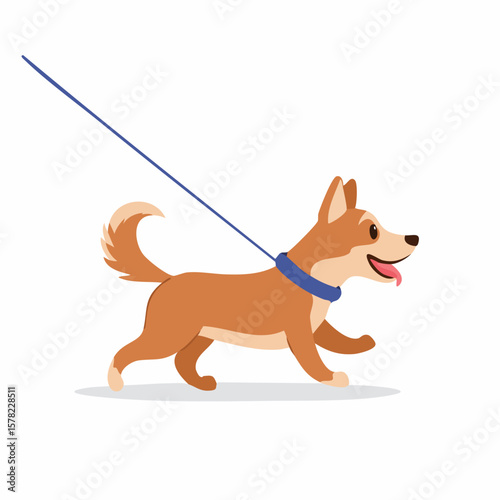 Playful Brown Dog on a Leash, Walking Happily with Tongue Out.