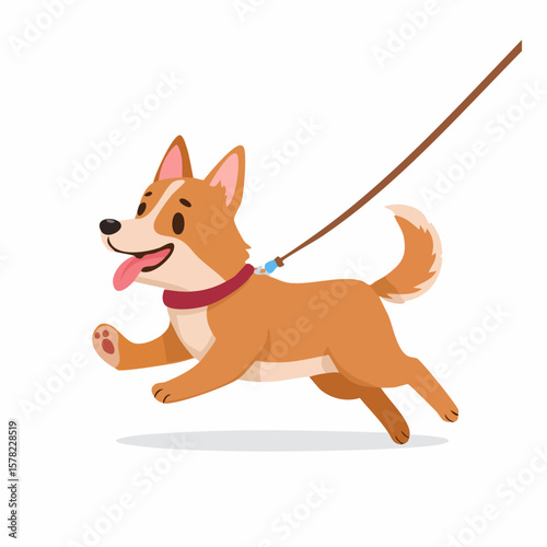 Playful Corgi Dog Running Happily on a Leash, Cartoon Illustration