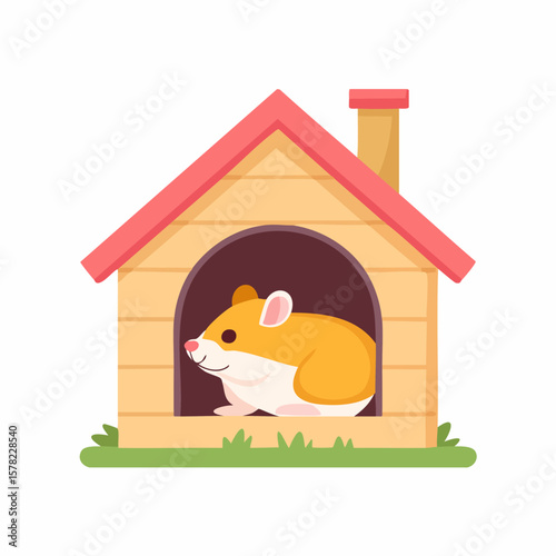 Adorable Hamster Peeking from Cozy Wooden House with Smiling Expression