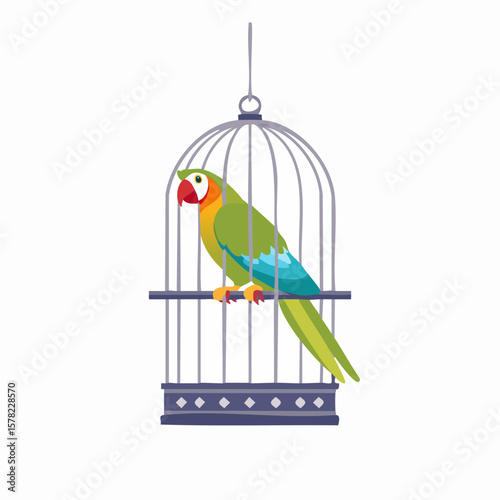 Colorful Parrot Perched Inside a Decorative, Detailed Birdcage Illustration