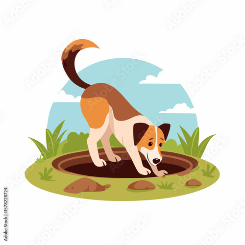 Curious Dog Investigating a Hole in the Ground with Anticipation and Interest