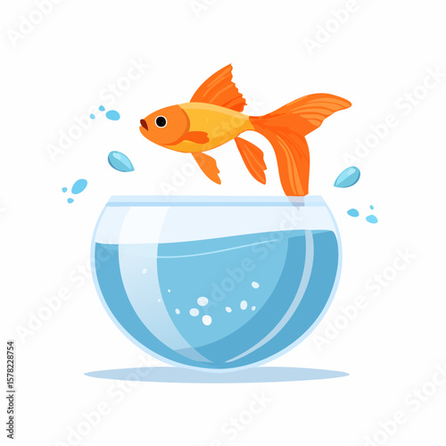 Animated Goldfish Leaping from a Glass Bowl with Water Droplets