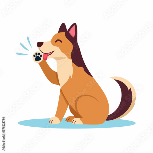 Happy Cartoon Dog Licking Paw, Showing Joy and Cleanliness.