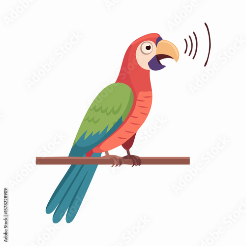 Colorful Parrot Vocalizing on Perch with Sound Waves Illustration