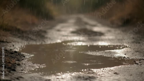 Rainy Road's Puddle: A close-up view captures a rain-soaked dirt road, a muddy puddle reflecting the overcast sky as raindrops create gentle ripples on the water's surface.