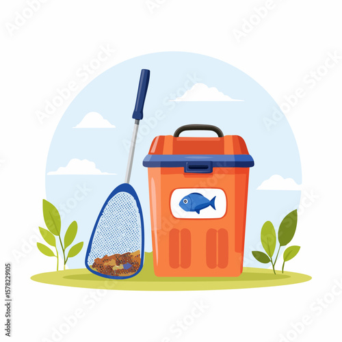 Colorful Illustration of Fishing Gear and a Fish-Themed Tackle Box