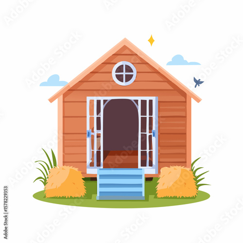Charming Wooden Chicken Coop with Open Door and Hay Bales