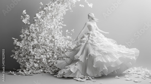 Ethereal white gown sculpture with cascading floral elements in a monochromatic setting