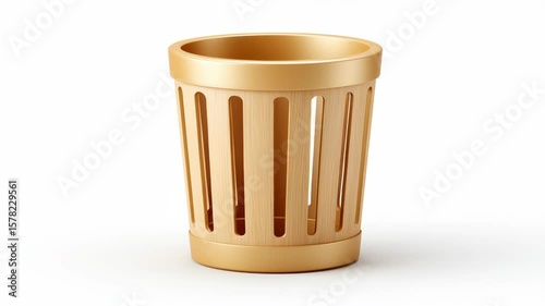 Wallpaper Mural E waste management. Golden metal trash can container with vertical slots and smooth edges, golden color garbage bin isolated on white background, clean modern design Torontodigital.ca