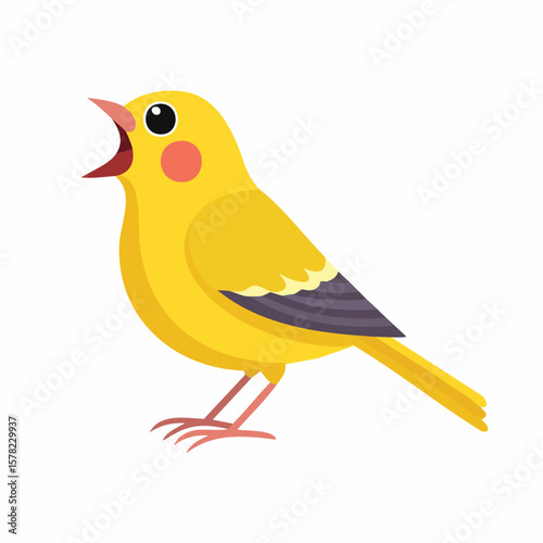Cheerful Yellow Bird Singing with Open Beak and Pink Cheek