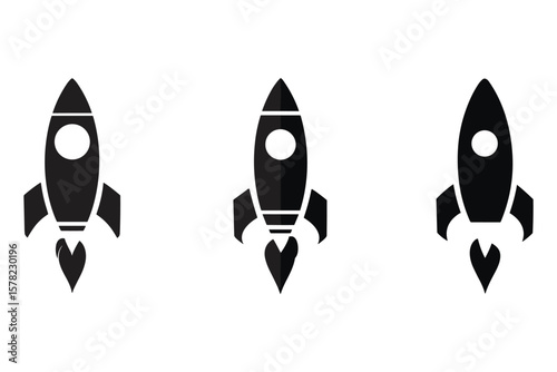 set of rocket silhouette  in black, featuring simple space vehicle designs on white background