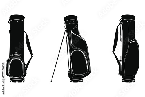 variety of golf bag silhouette  in black, featuring standing bags with clubs on white background