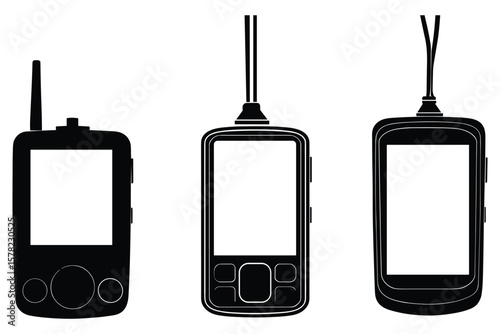 set of walkie talkie silhouette  in black, featuring handheld radios on white background