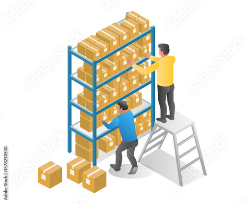 Flat isometric illustration concept. two men stacking stock on a warehouse shelf