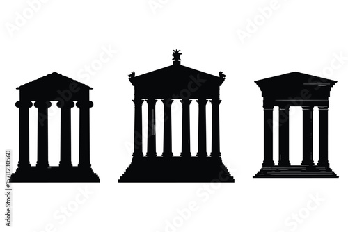 variety of greek temple silhouette  in black, featuring ancient architecture columns on white background