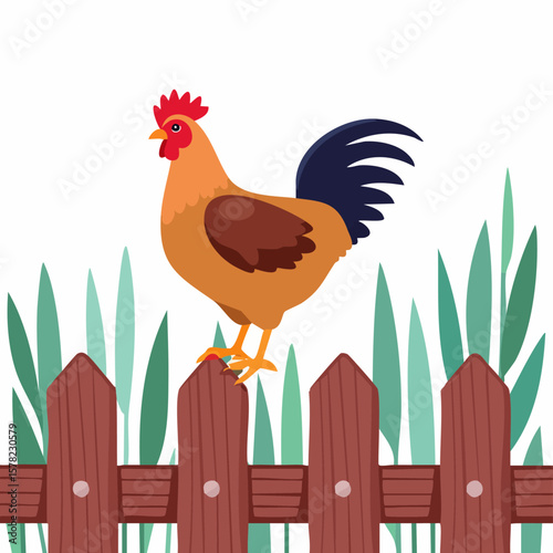 A Colorful Rooster Perched on a Wooden Fence in a Farm Scene