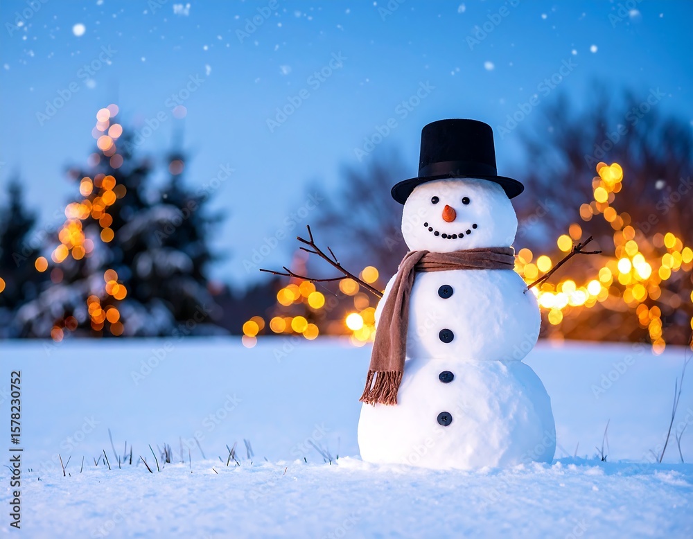 Obraz premium Snowy snowman at dusk