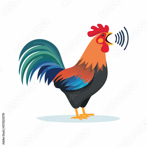Colorful Rooster Crowing Loudly with Distinctive Tail Feathers and Open Beak