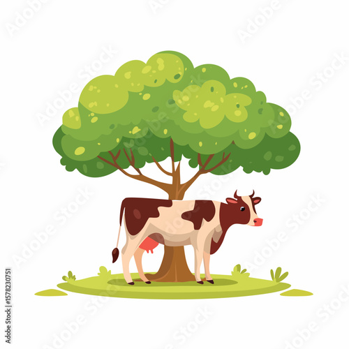 Cartoon Cow Standing Under a Lush Green Tree on a Sunny Day
