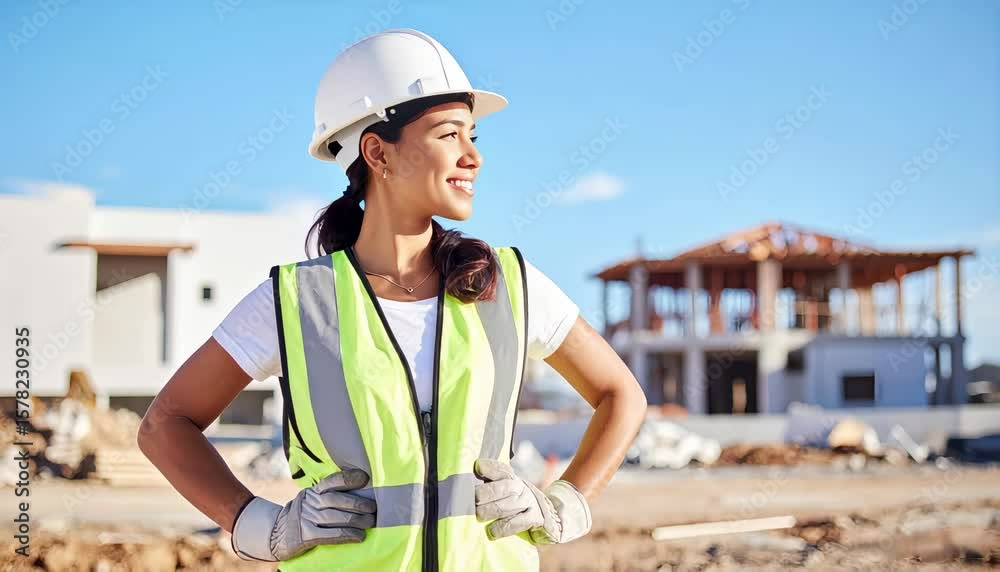 Mujer ingeniera sonriente en obra en construcción al aire libre, con casco de seguridad blanco y chaleco reflectivo, cielo azul despejado y estructuras metálicas de fondo