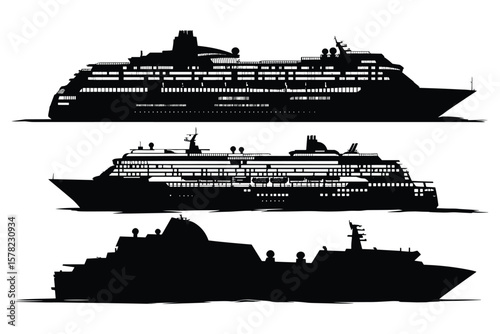 variety of cruise ship silhouette illustrations in black, featuring large passenger boats on white background