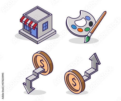 Flat isometric concept illustration. shopping business creative icon set bundle