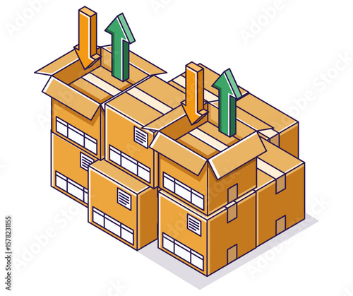 Flat isometric concept illustration. pile of cardboard boxes