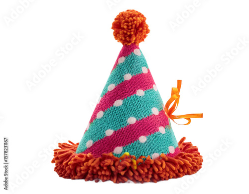 A whimsical party hat with bright polka dots, pink and teal stripes, and a playful orange pom-pom sits on a transparent background.