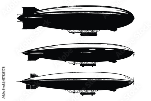 variety of airship silhouette  in black, featuring different zeppelin shapes on white background