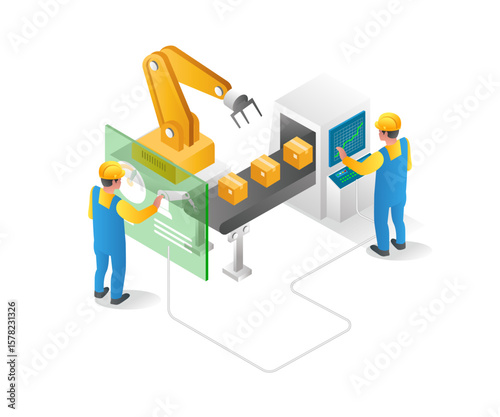 Flat isometric concept illustration. cardboard packaging operator