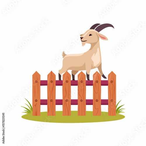 Cartoon Goat Standing Proudly on a Wooden Fence in a Field