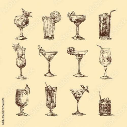 Hand-Drawn Sketch Style Cocktail Illustration with Various Refreshing Drinks