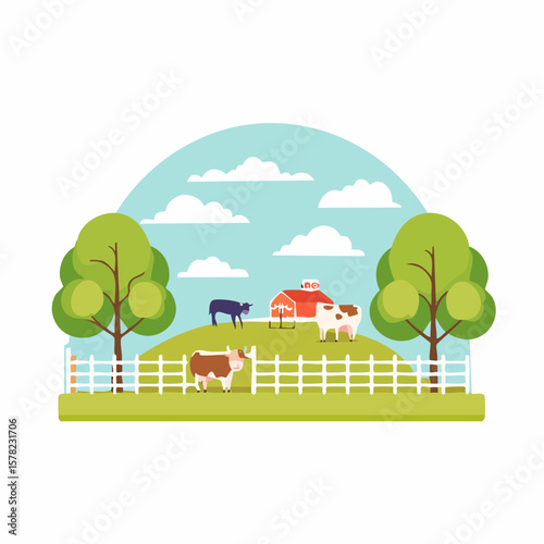 Cartoon Farm Scene Depicting Cows, Barn, Trees, and Rolling Green Hills