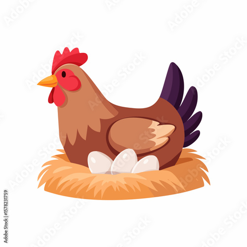 A Brown Hen Nestled on Straw with Three White Eggs.