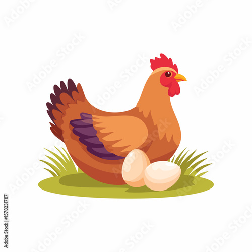 Cartoon Hen with Eggs Nestled on Green Grass, Side View.