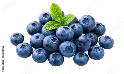 A Pile of Fresh Blueberries with Green Mint Leaves Isolated on White or Transparent Png.