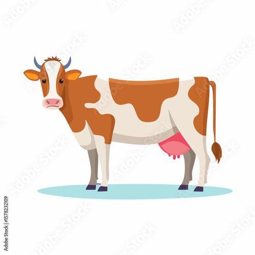 Cartoon Cow with Brown and White Markings, Standing Proudly on Blue Ground