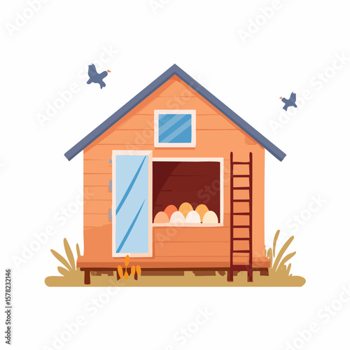 Charming Cartoon Chicken Coop with Eggs, Ladder, and Flying Birds.
