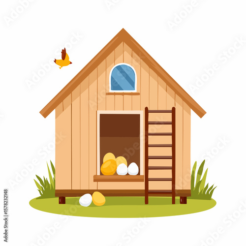 Charming Wooden Chicken Coop with Eggs and a Flying Bird