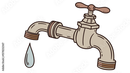 Cartoon faucet dripping water illustration for plumbing services and repair leak detection and prevention tips