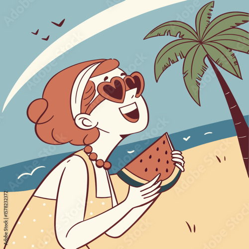 Woman enjoying summer vacation with watermelon at tropical beach resort with palm tree and heart sunglasses