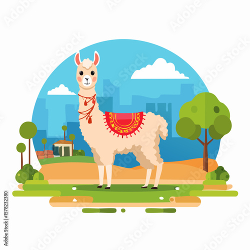 Adorable Llama with Decorative Saddle Standing in a Scenic Landscape.