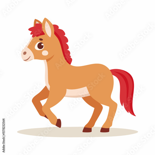 Playful Cartoon Horse with Red Mane and Tail in Running Pose