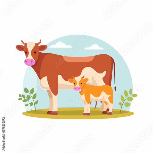 Mother Cow and Calf Standing Together in a Pastoral Scene
