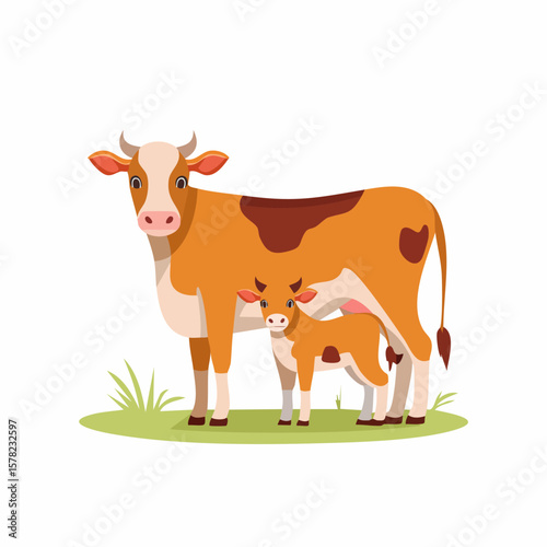 Mother Cow and Calf Standing Together on Green Grass, Vector Illustration