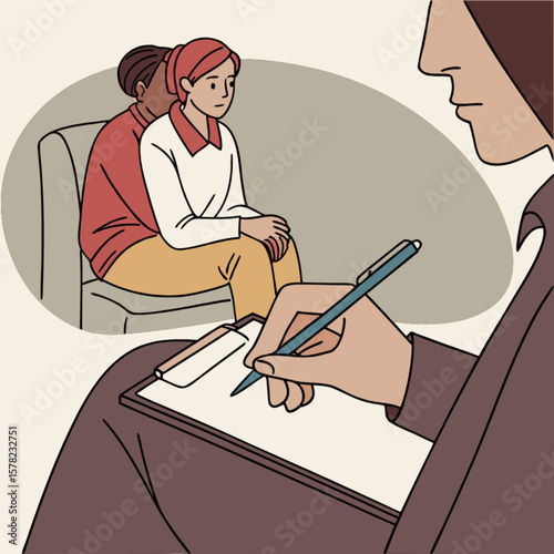 Couple therapy session with therapist writing notes for marriage counseling and relationship advice help 100