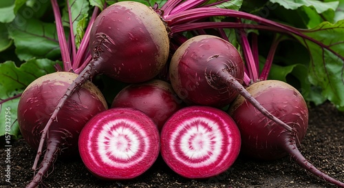 Freshly Harvested Chioggia Beets Displaying Concentric Rings on Dark Soil
