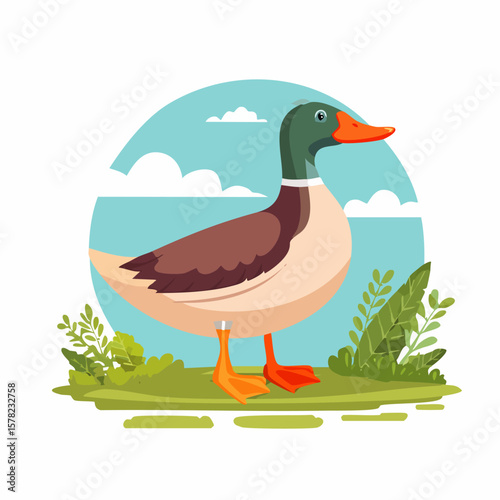 Colorful Cartoon Duck Standing Gracefully on a Green Meadow with Foliage